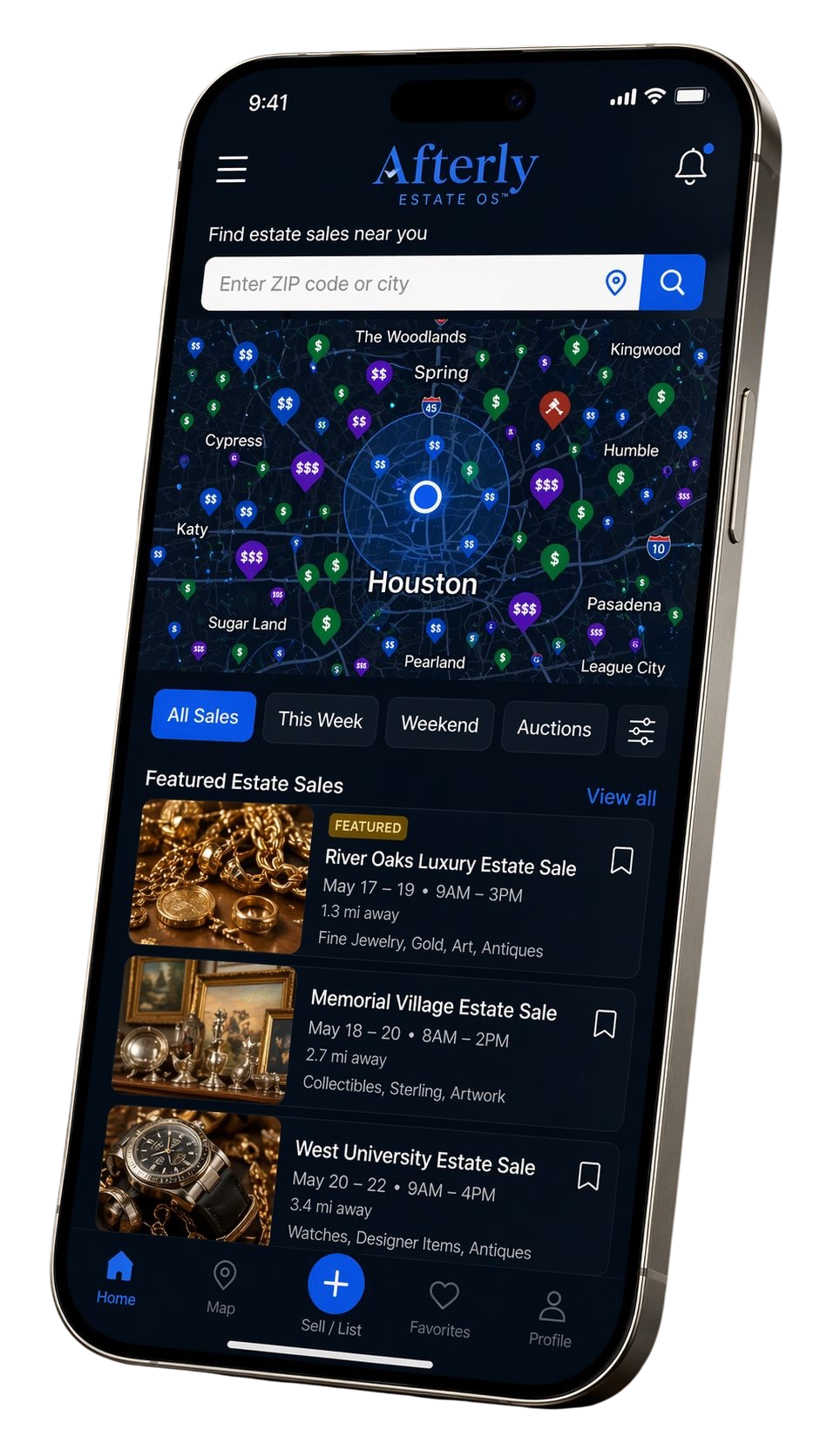Afterly Estate OS app showing dark mode interface with interactive map, estate sale listings for jewelry, watches, and antiques